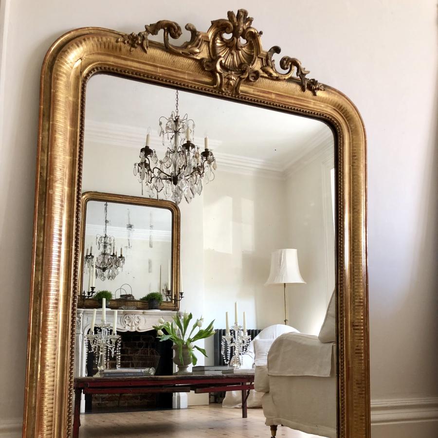 Large French antique gilt crested Louis XV mirror