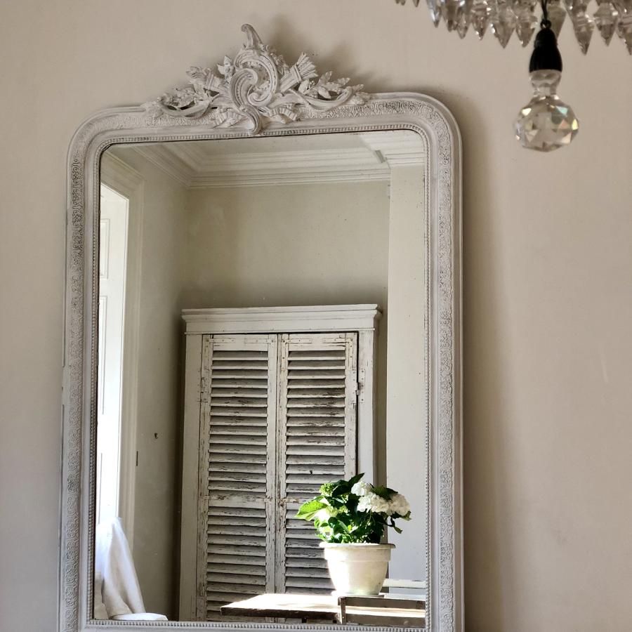 Huge crested 19th century French antique painted leaner mirror