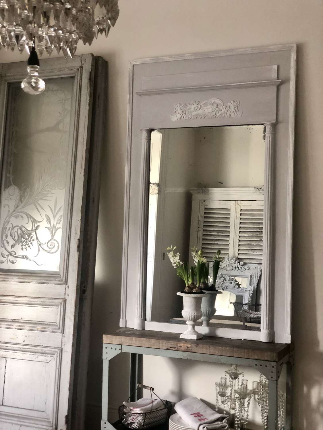 Large French antique painted trumeau mirror - mercury glass