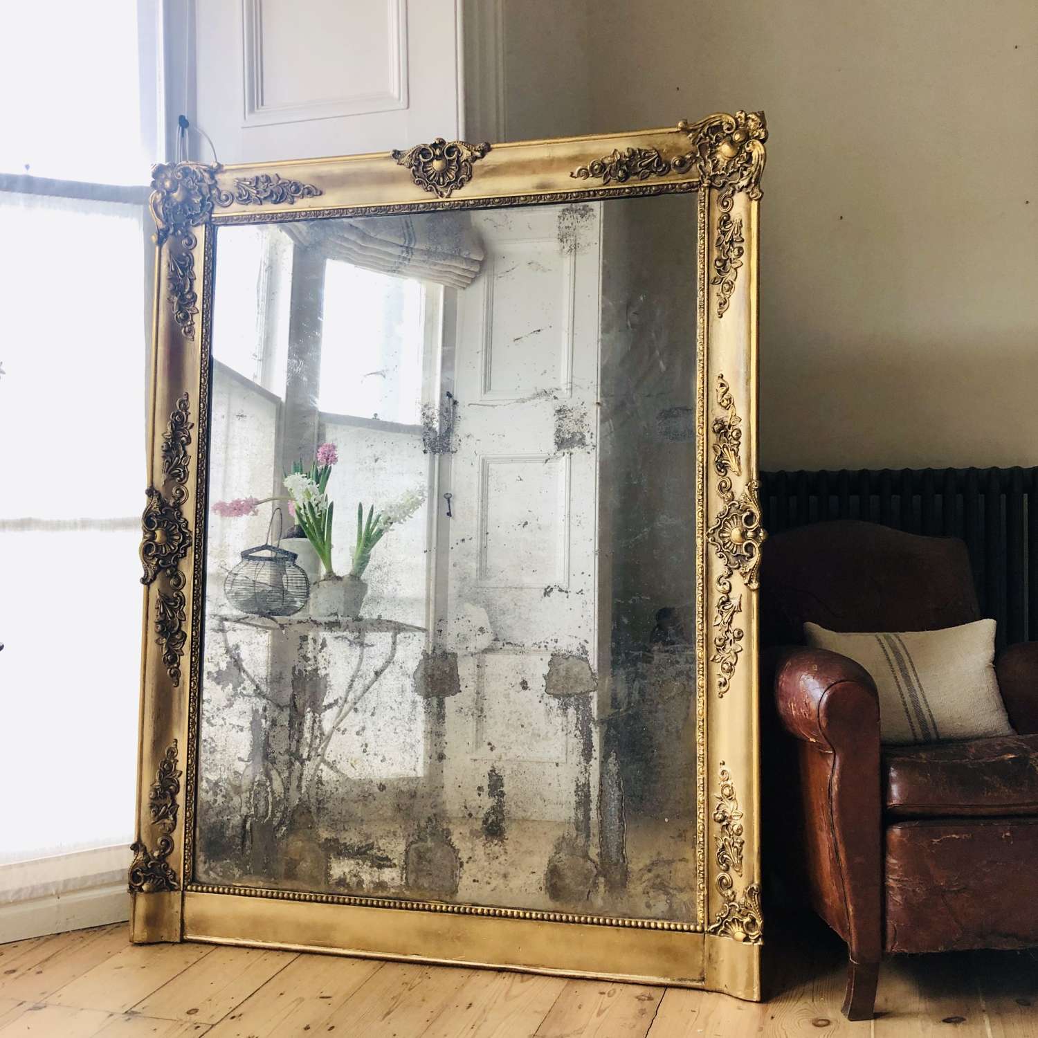 Large French antique gilt mirror - foxed / distressed mercury glass