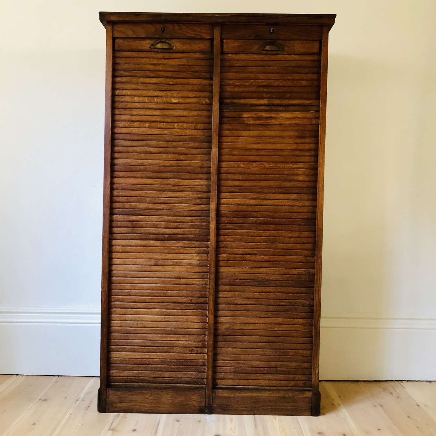 Antique French oak double tambour filing cabinet