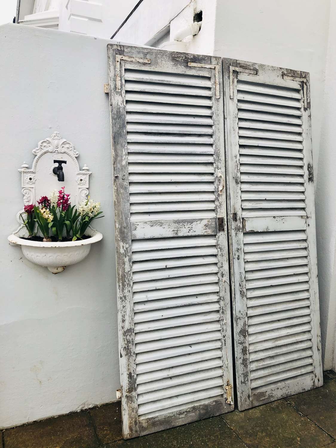 Large antique French oak painted shutters