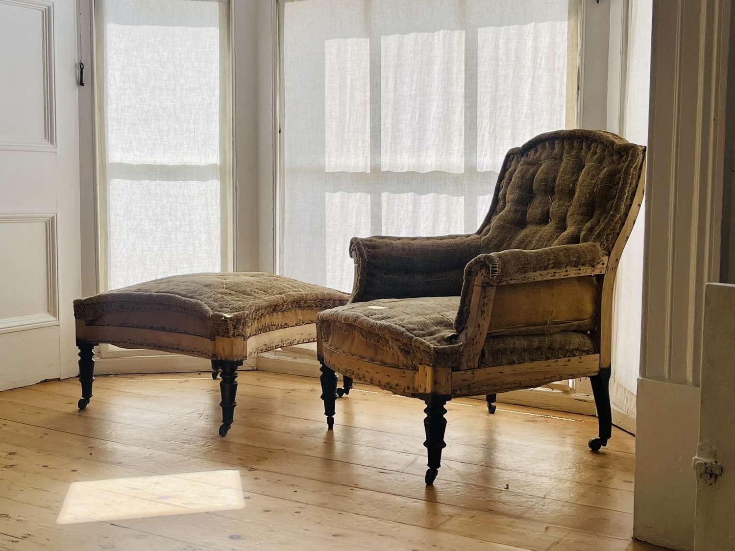 19th Century French hessian armchair and footstool