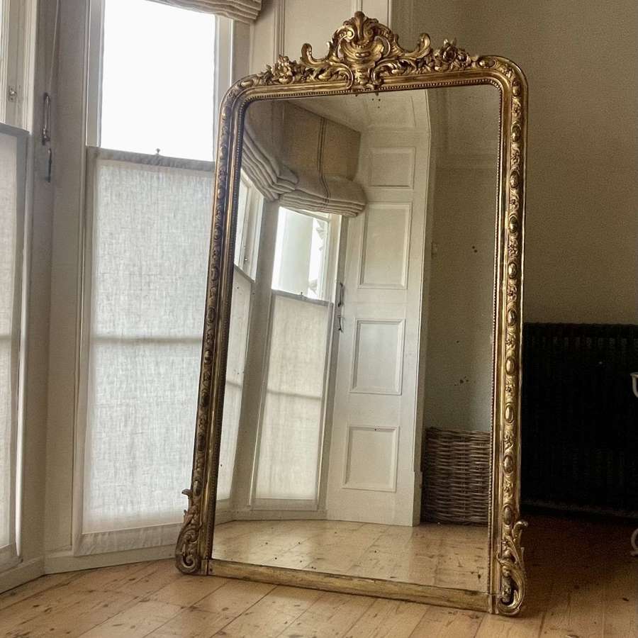 Antique French gilt leaner mirror overmantel