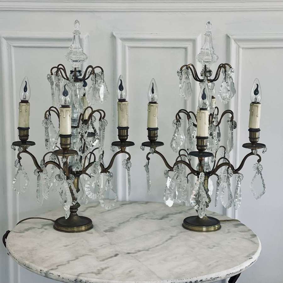 Pair of large antique French crystal table lamps