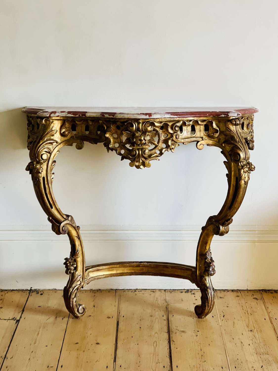 Large antique French gilt wood and marble console