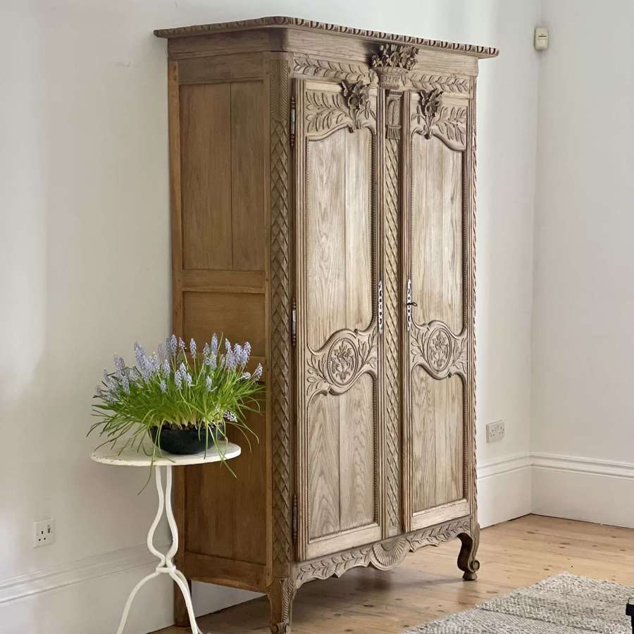 Antique French oak wedding armoire wardrobe with hanging rail