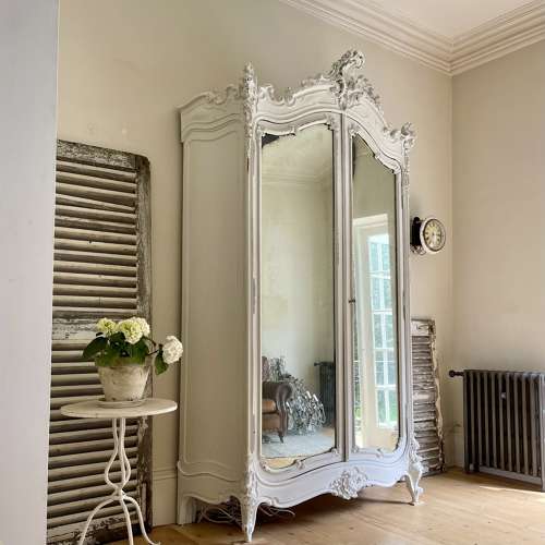 Antique French painted mirrored armoire linen press