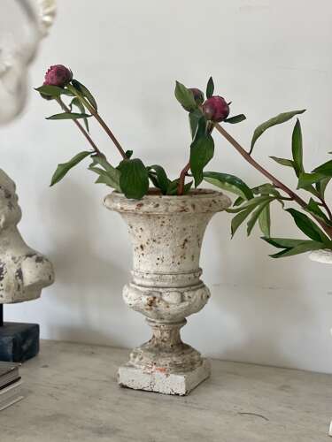 Three antique French cast iron urns