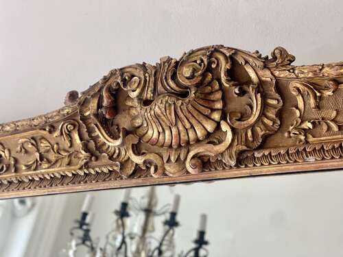 Large antique French gilt wood leaner mirror