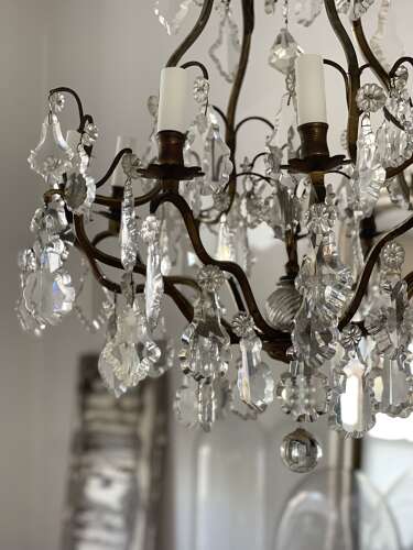 Large antique French crystal cage chandelier - rewired