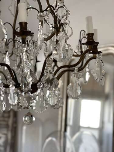 Large antique French crystal cage chandelier - rewired