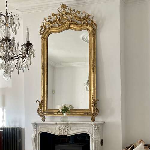Large antique French gilt leaner mirror - mercury glass