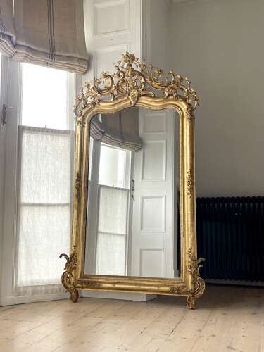 Large antique French gilt leaner mirror - mercury glass