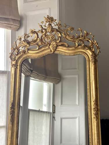 Large antique French gilt leaner mirror - mercury glass