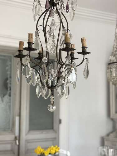 Antique French crystal cage chandelier