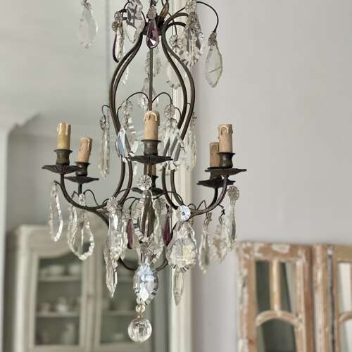 Antique French crystal cage chandelier