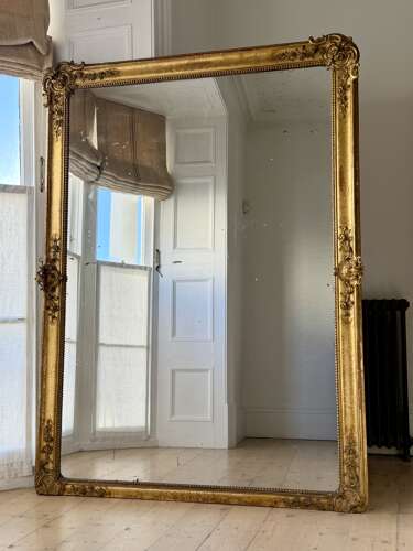 Large Antique French gilt leaner mirror - mercury glass