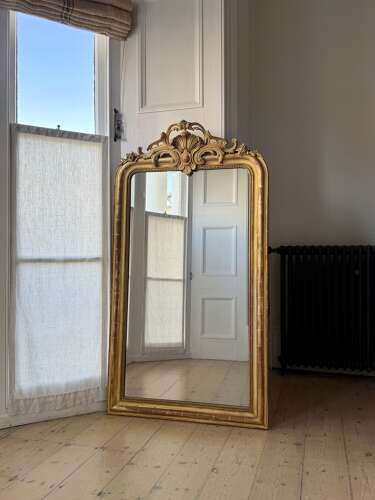Antique French gilt and bare gesso Louis Philippe mirror with crest