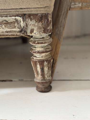 Antique French oak and linen button back sofa