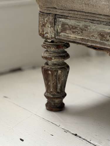 Antique French oak and linen button back sofa